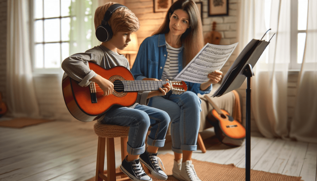 A boy is learning guitar