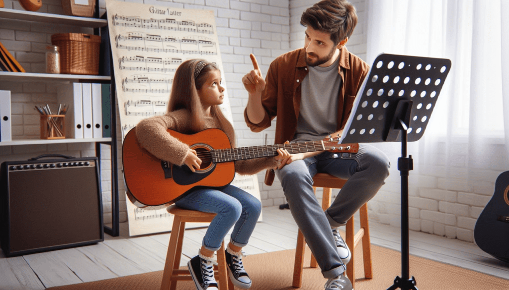 a teacher is teaching to learn guitar