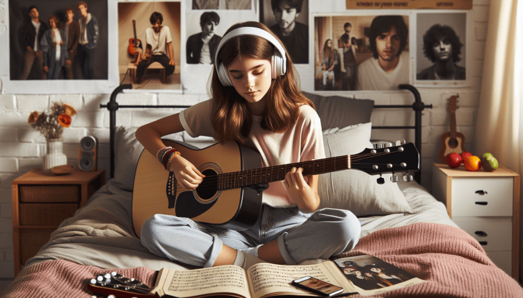 A girl is leaning guitar