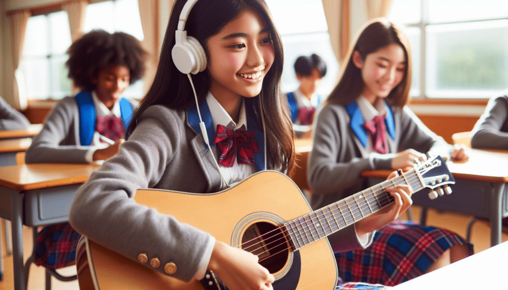 a high school girl is enjoying to playing guitar